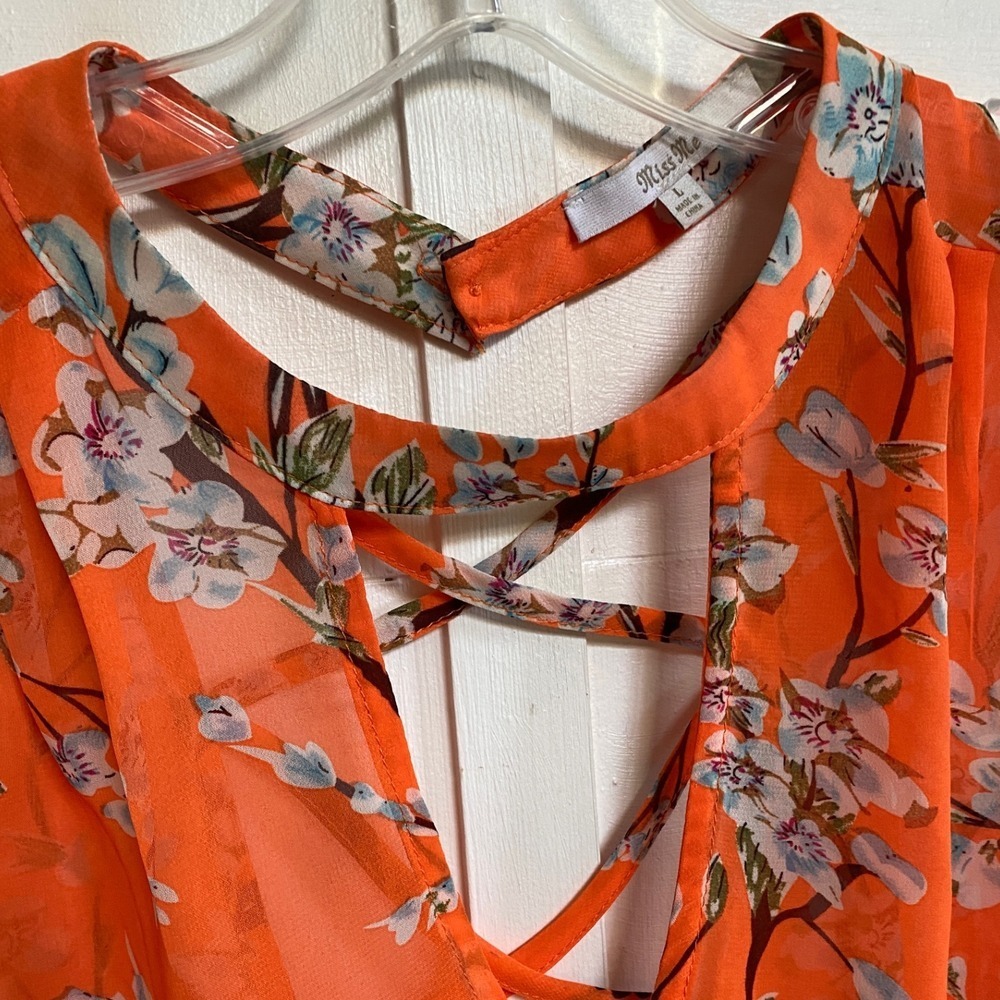 Miss Me Orange Floral Choker Neck Open Back Crisscross Blouse MDT1017T L - Picture 12 of 14
